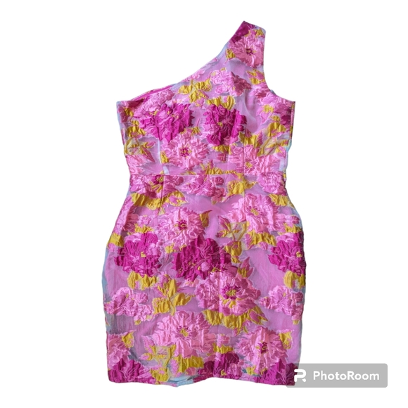 Showpo Size 8 Brailey Jacquard One Shoulder pink/yellow Dress - Picture 7 of 11